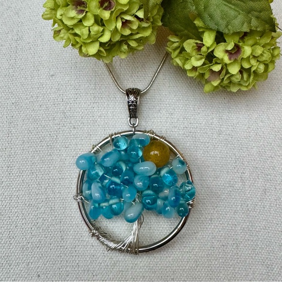 Jewelry - Tree of Life Turquoise Gemstone Beads Pendant Wire Wrapped Silver Chain Necklace